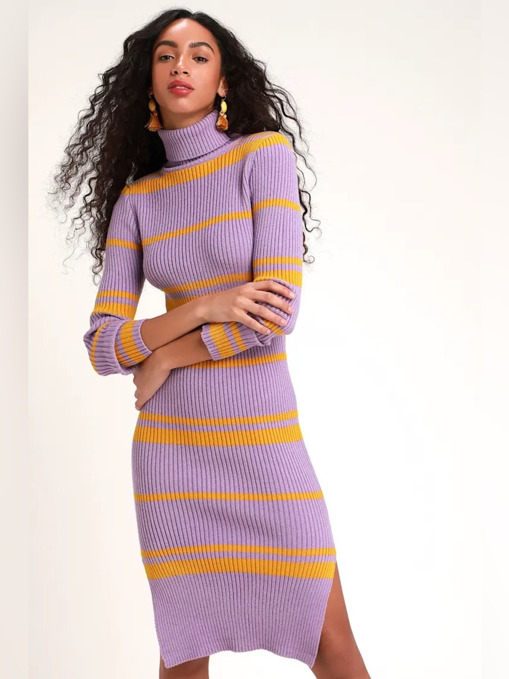 Moon River Julissa Lavender Striped Turtleneck Sweater Dress- RETAIL $80